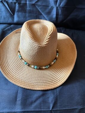 New PUGS Brown Straw Cowboy Hat with Beaded Accent